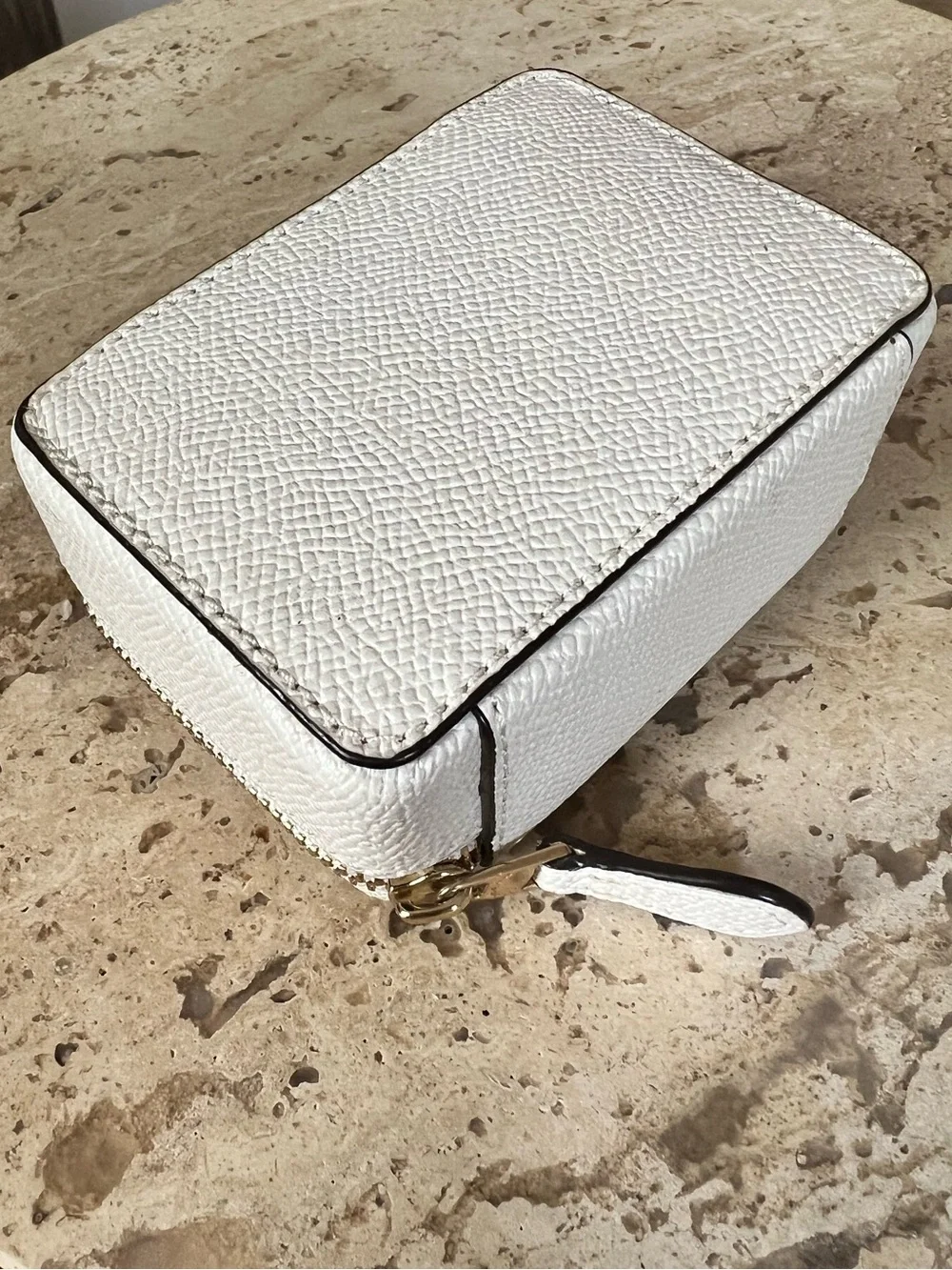 Coach White Pebbled Leather Travel Zip Pill Case with Gold Logo